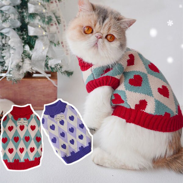 Suéter Natalino de Losangos com Coração para Gatos – Vermelho e Roxo