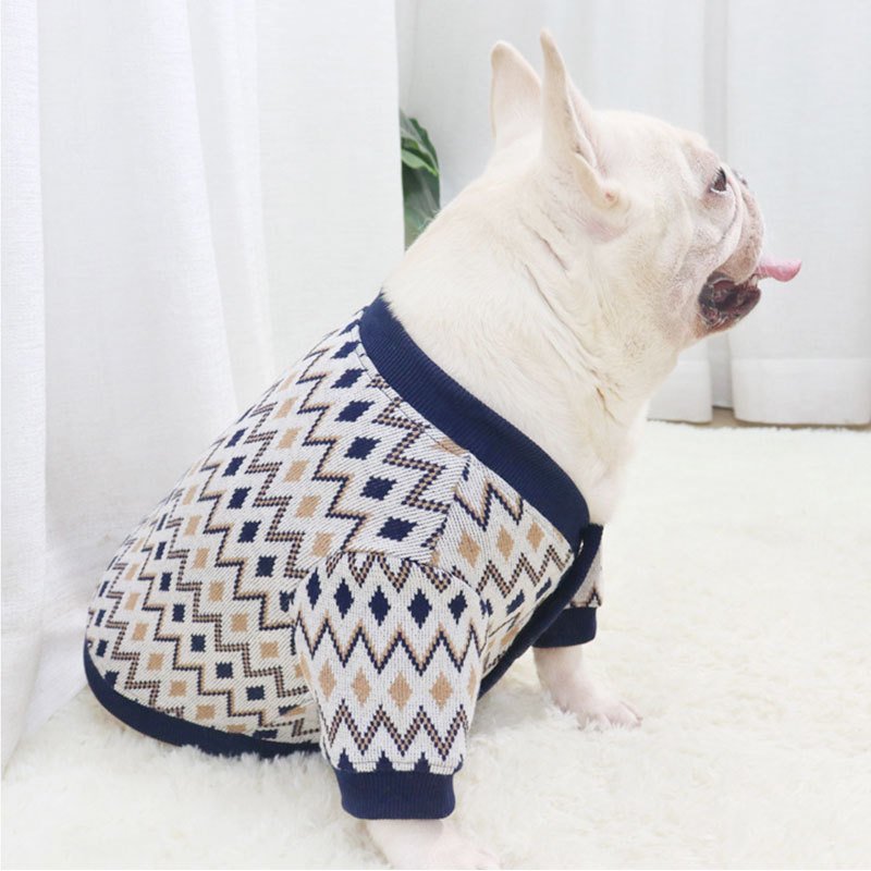 Cardigan de Tricô Curto para Cães – Azul Marinho e Café