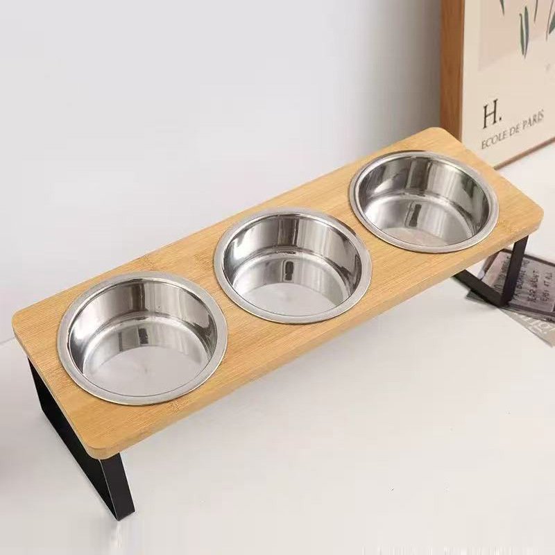 Comedouro Elevado com Suporte de Bambu e Ferro – Tigelas de Metal Premium