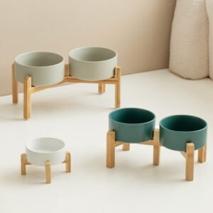 Comedouro Ergonômico de Cerâmica com Suporte de Madeira Premium - Gatos e Cães