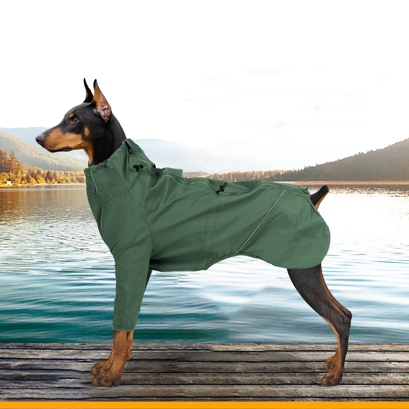 Capa de Chuva Refletiva com Furo para Guia para Cães – Verde Militar e Laranja