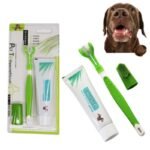 Escova Dental de Três Cabeças com Dedeira de Silicone para Cães — Higiene Bucal Completa