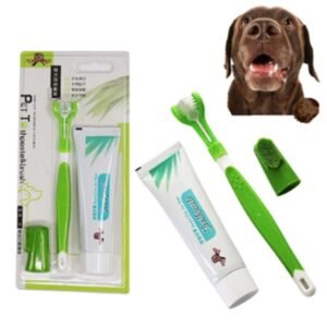Escova Dental de Três Cabeças com Dedeira de Silicone para Cães — Higiene Bucal Completa