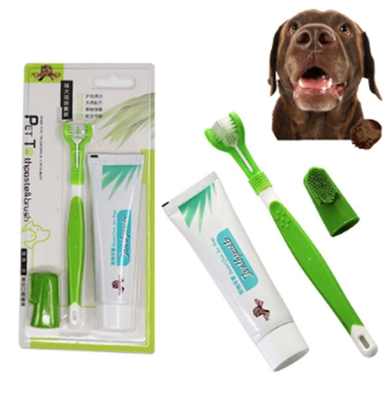 Escova Dental de Três Cabeças com Dedeira de Silicone para Cães — Higiene Bucal Completa